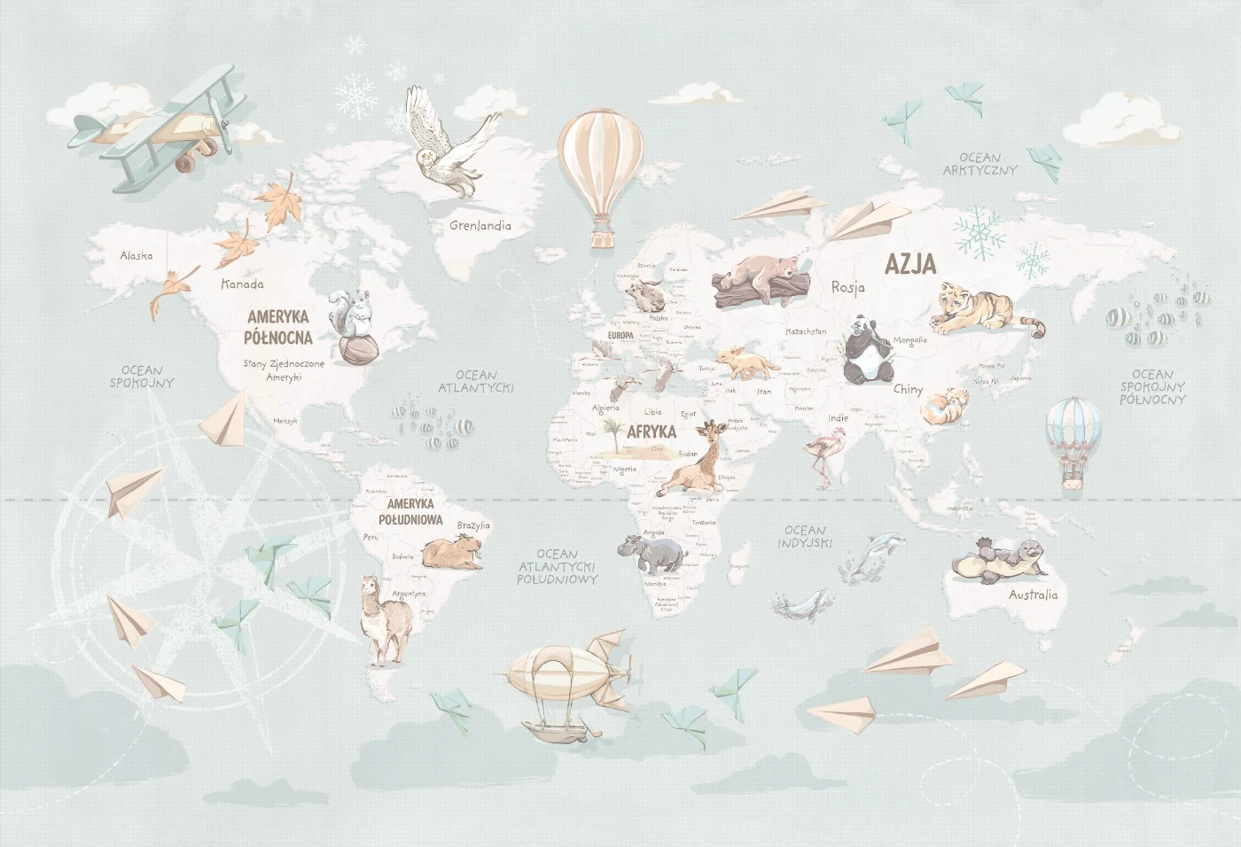 Tapeta Wanderlust Mint Malumi – pełna grafika mapy świata