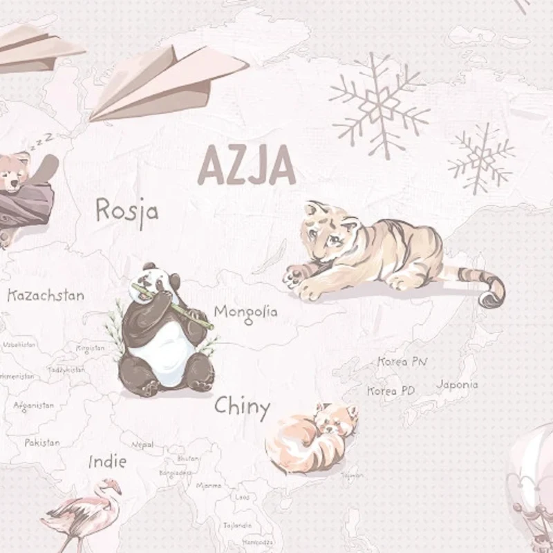 Detal tapety Wanderlust Neutral Malumi – panda i tygrys w Azji
