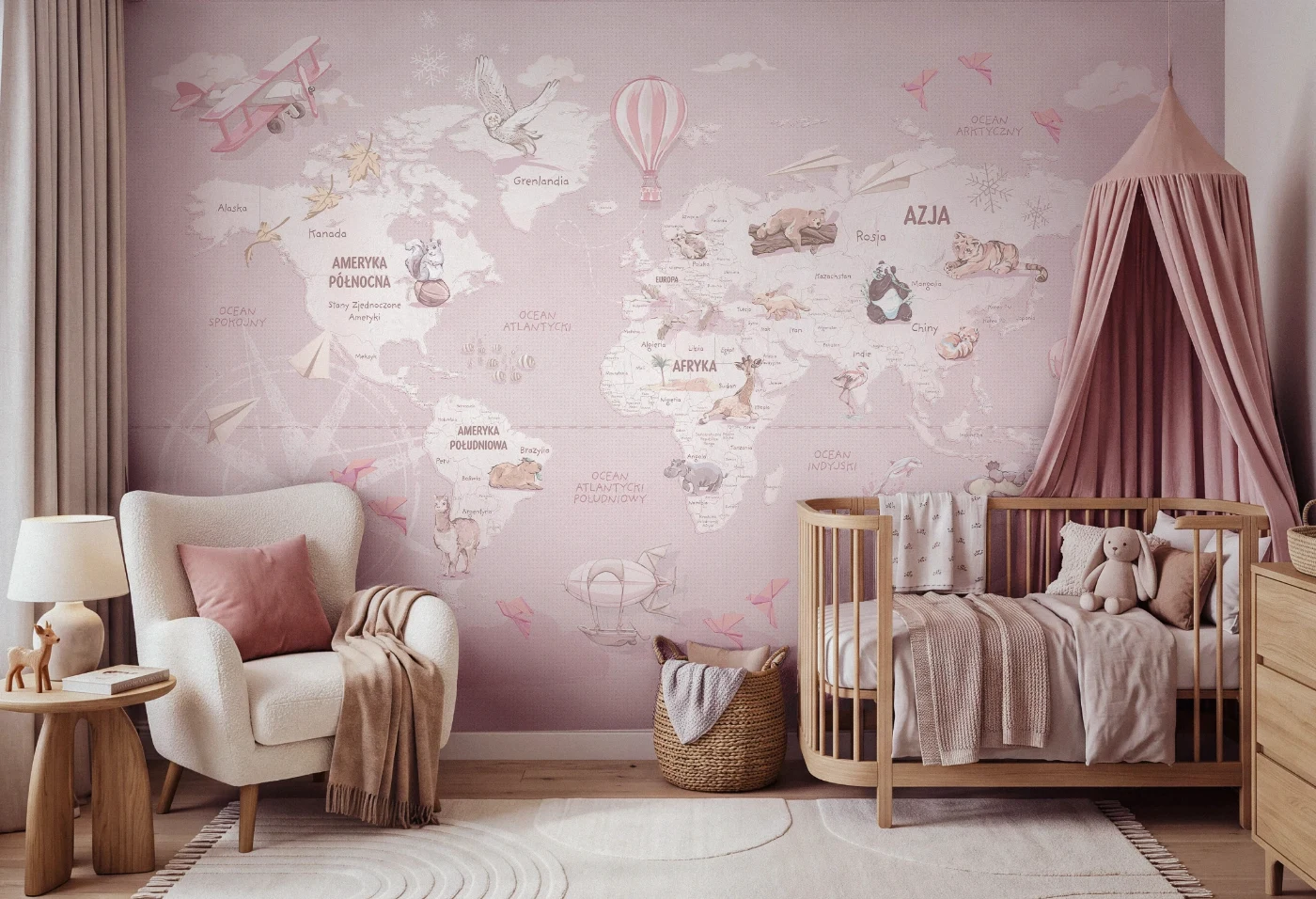 Tapeta Wanderlust Sweet Lavender Malumi z mapą świata w pokoju dziecka