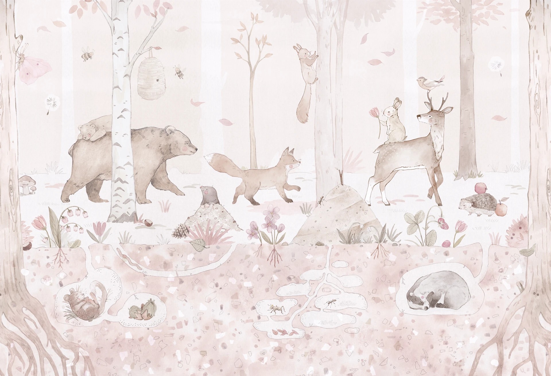 tapeta Mini Zoo Rose ze zwierzątkami do pokoju dziecka