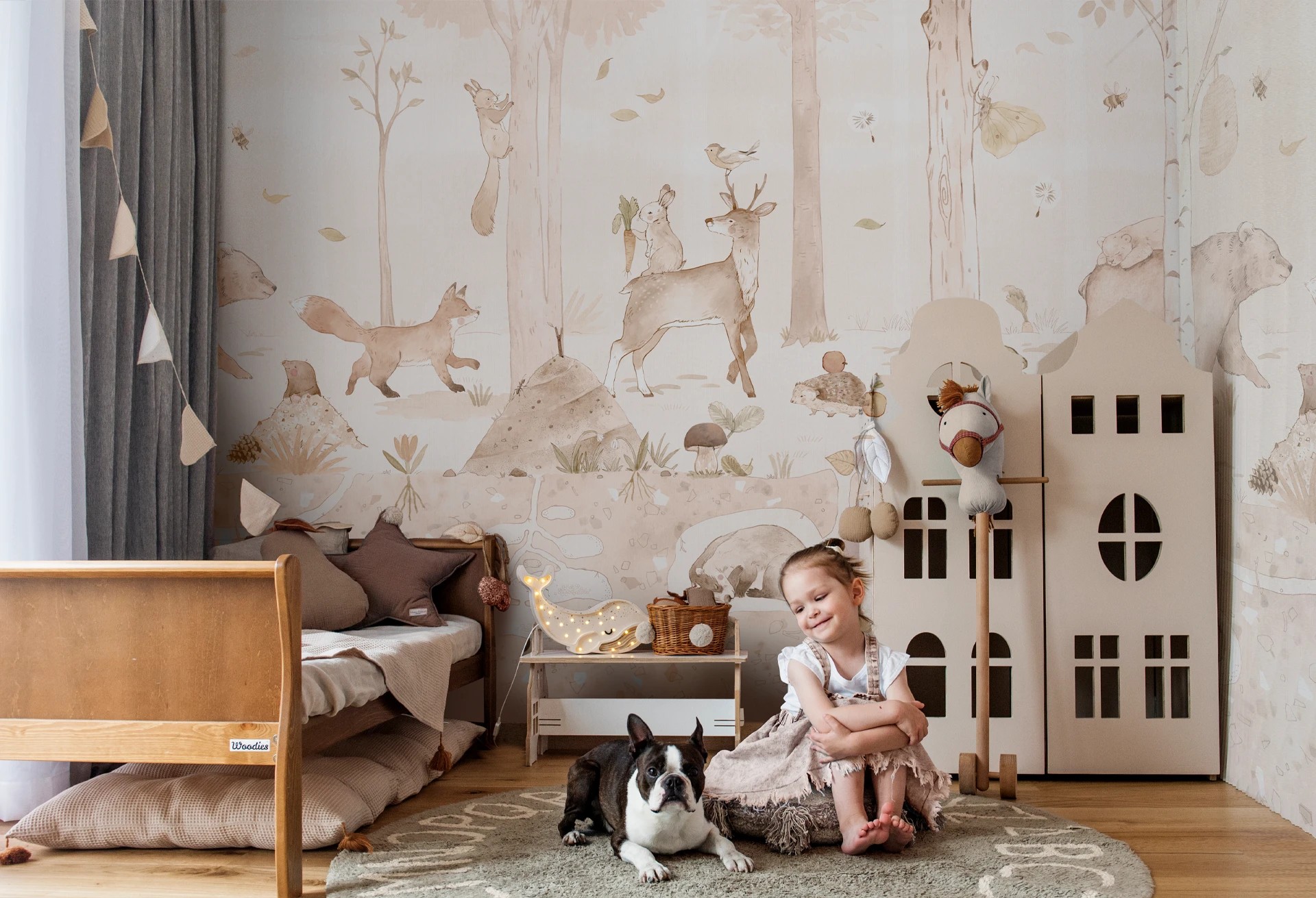 beżowa tapeta ze zwierzątkami leśnymi Mini Zoo Sepia do pokoju dziecka