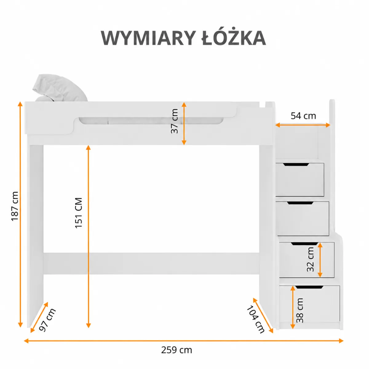 Wymiary łóżka na antresoli DENVER 90x200 ze schodami