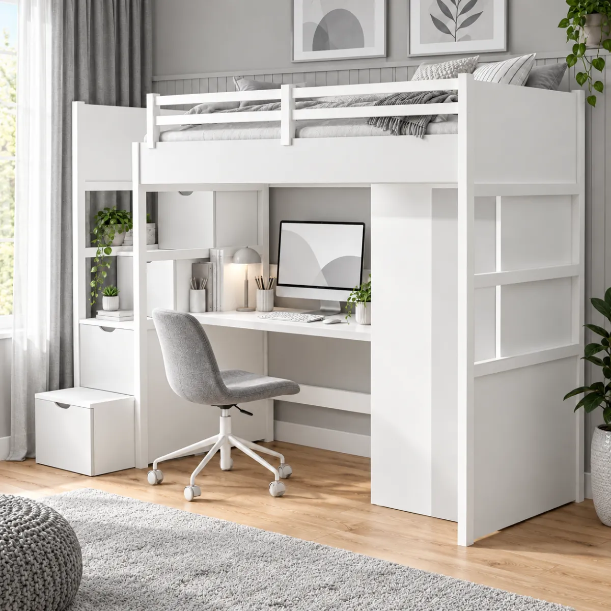 Łóżko ENZO LOFT z biurkiem i szafą pod antresolą