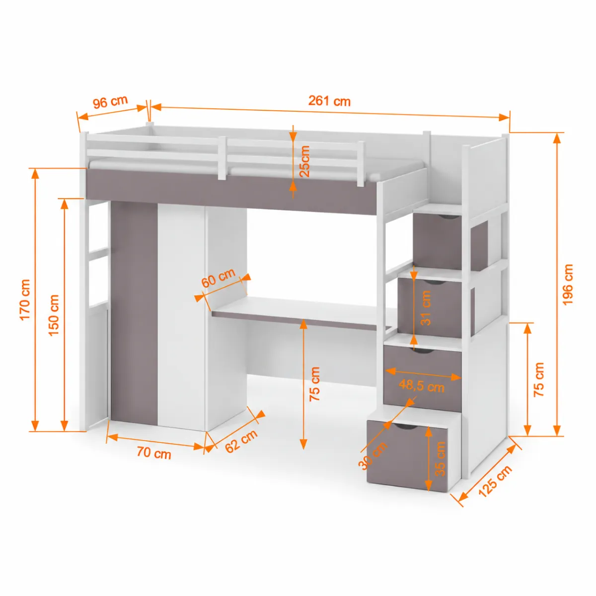 Wymiary łóżka na antresoli ENZO LOFT 90x200 z biurkiem i szafą