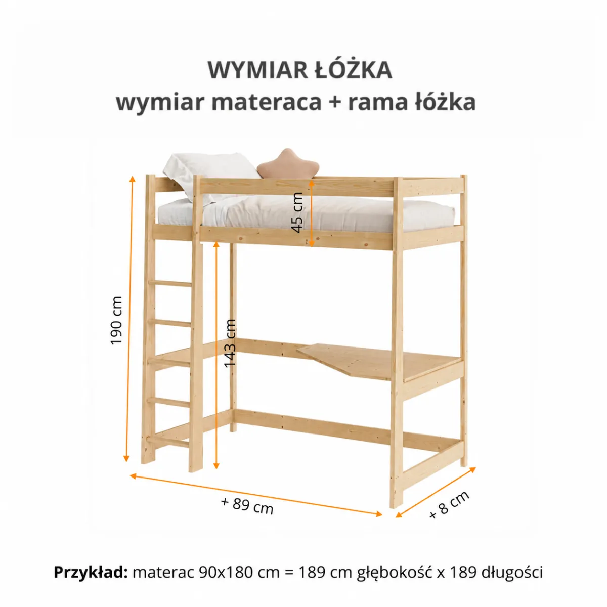 Łóżko antresola FLORIS z biurkiem – rysunek wymiarowy konstrukcji