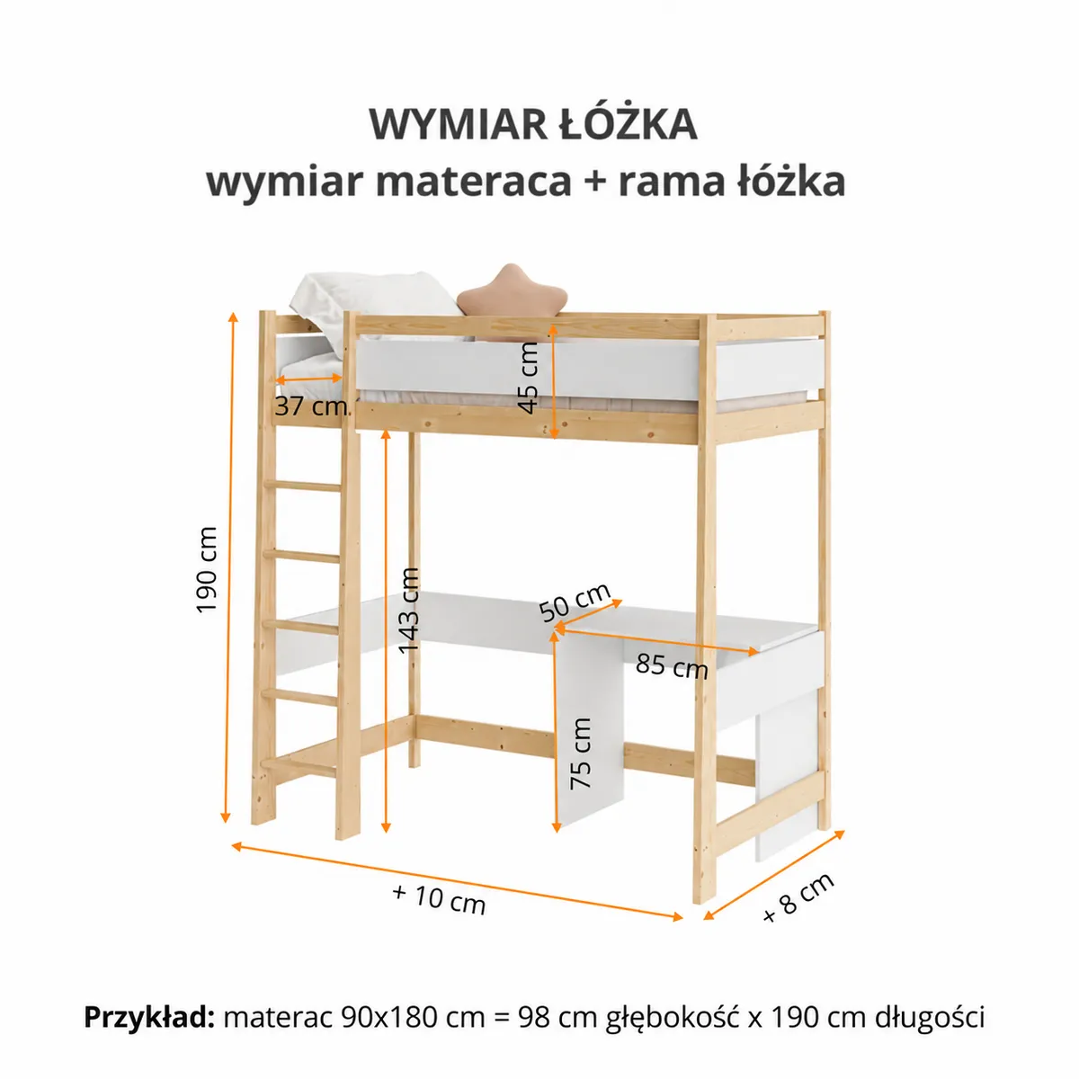 Łóżko antresola VIKO – rysunek techniczny i wymiary konstrukcji