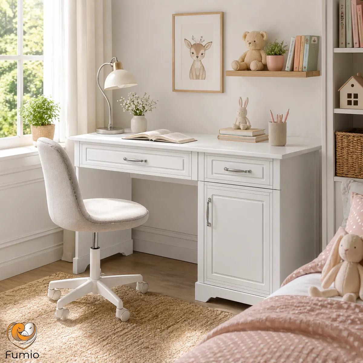 Białe biurko Melody Novelies z szufladami i szafką