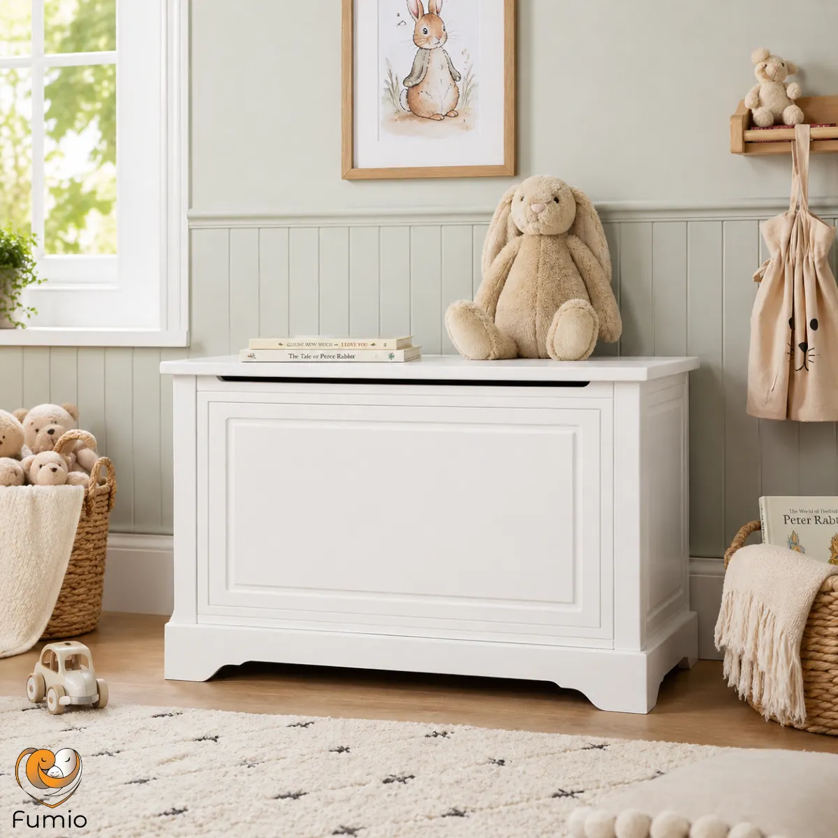 Biała skrzynia na zabawki Melody Novelies z bezpiecznym wiekiem