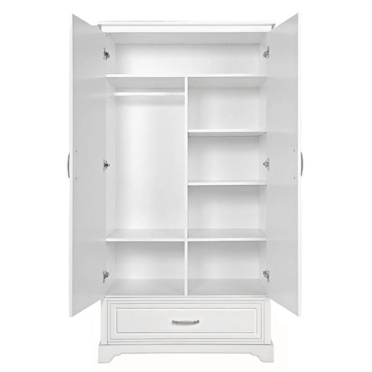 Wnętrze białej szafy 2-drzwiowej Melody Novelies z półkami i drążkiem