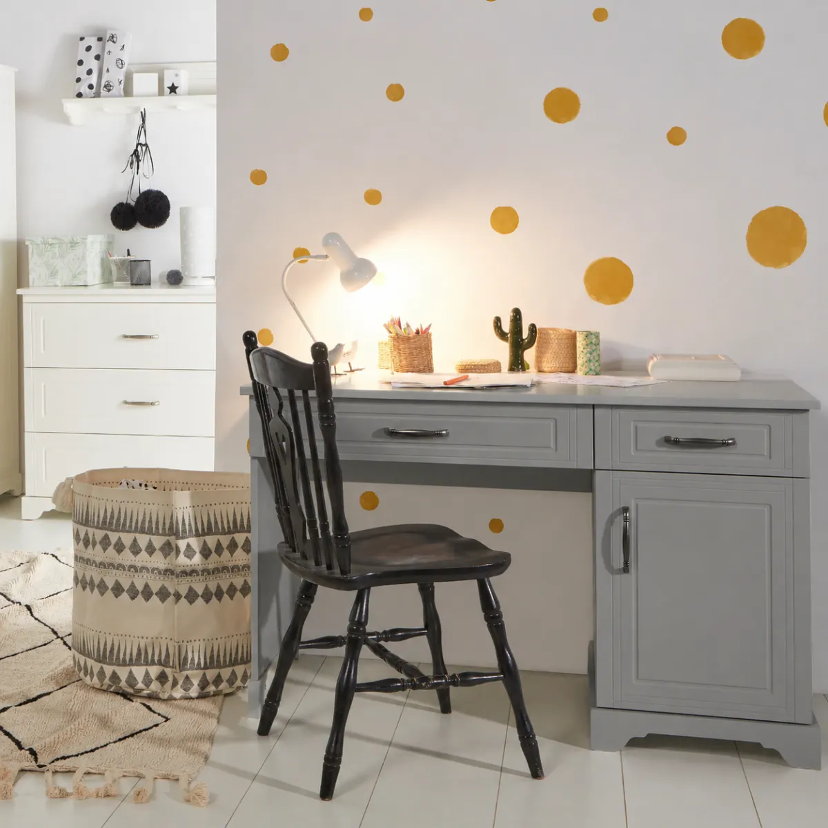 Szare biurko Melody Novelies z szufladami i szafką do pokoju dziecka