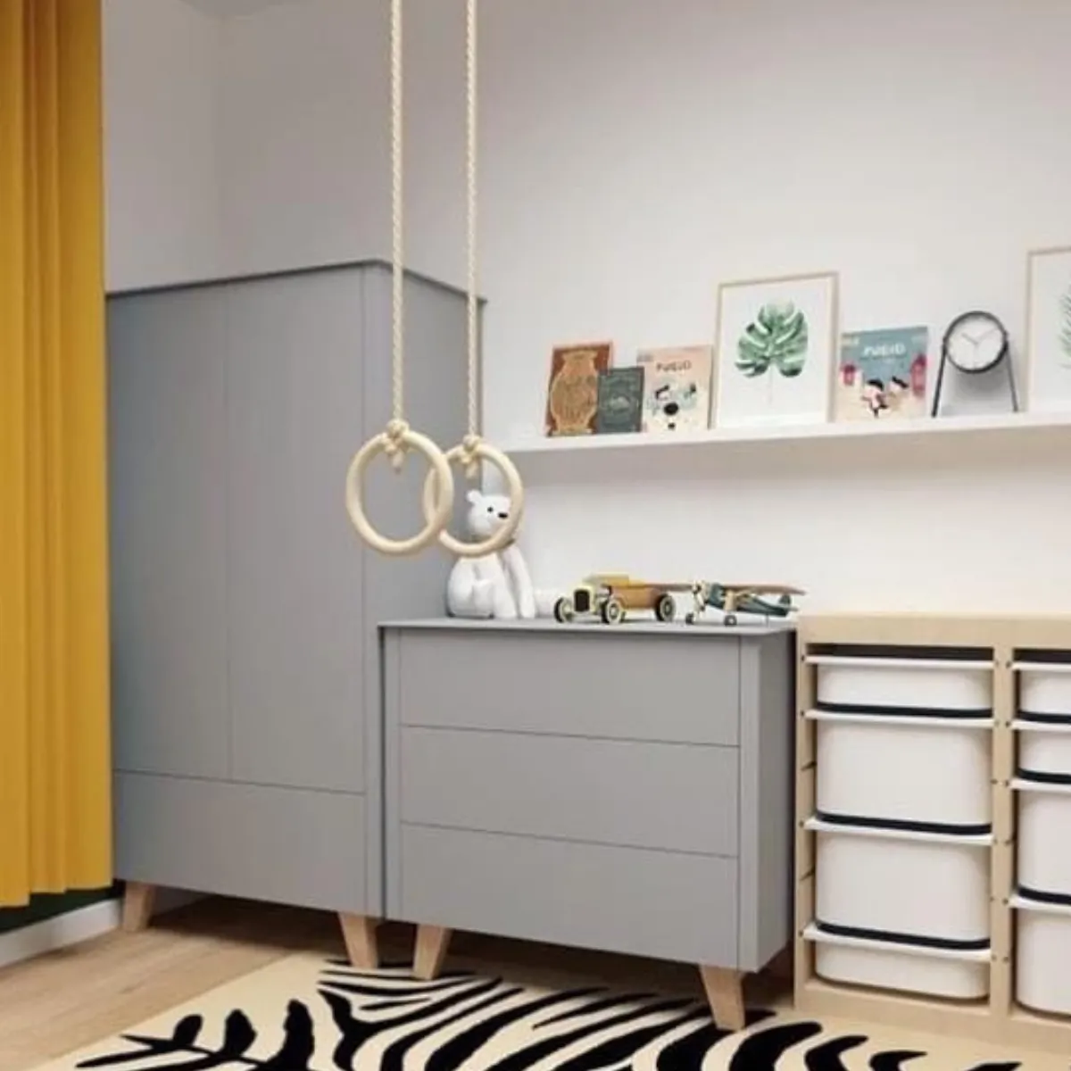 Szare meble dziecięce Zara Novelies z szafą w pokoju dziecka