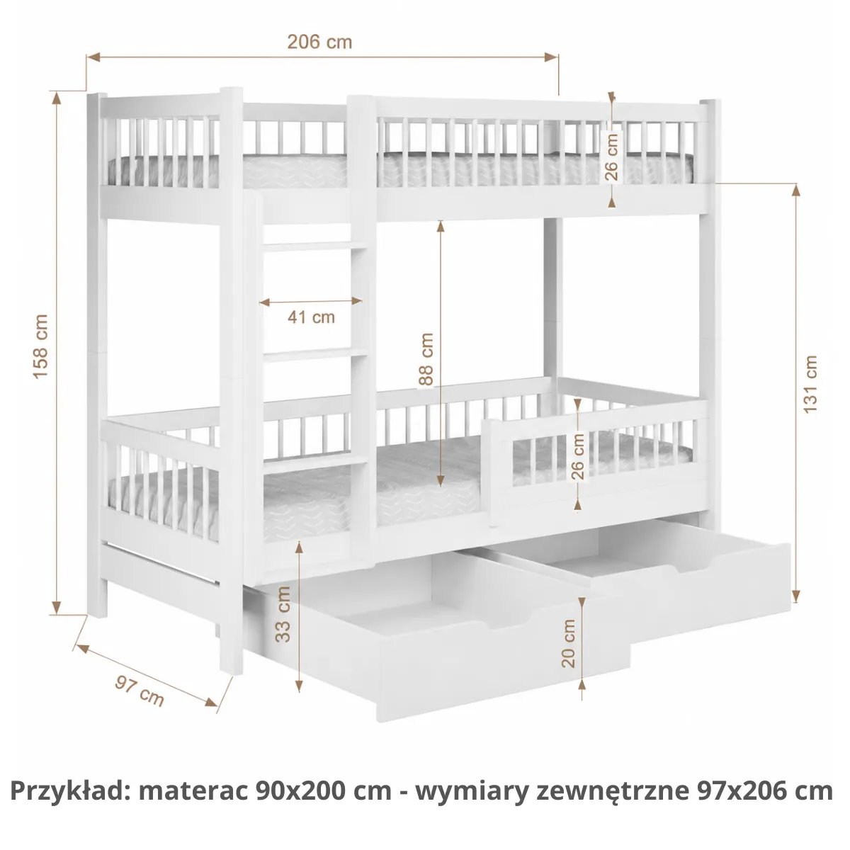 Łóżko piętrowe HEAVEN – wymiary dla wszystkich powierzchni spania