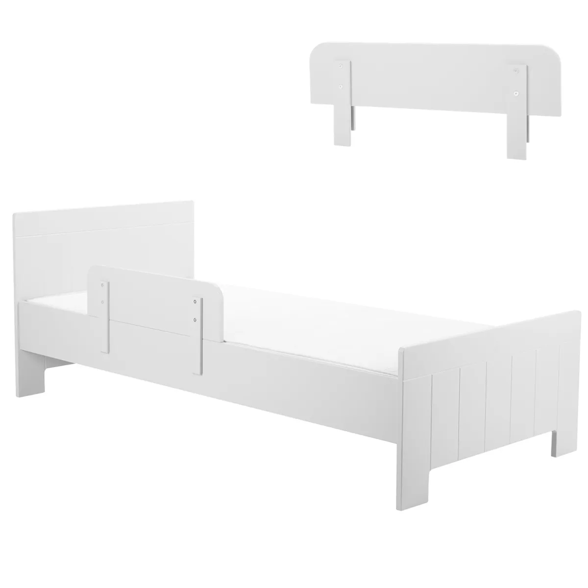 Łóżko Pinio Calmo białe z barierką w pokoju dziecka