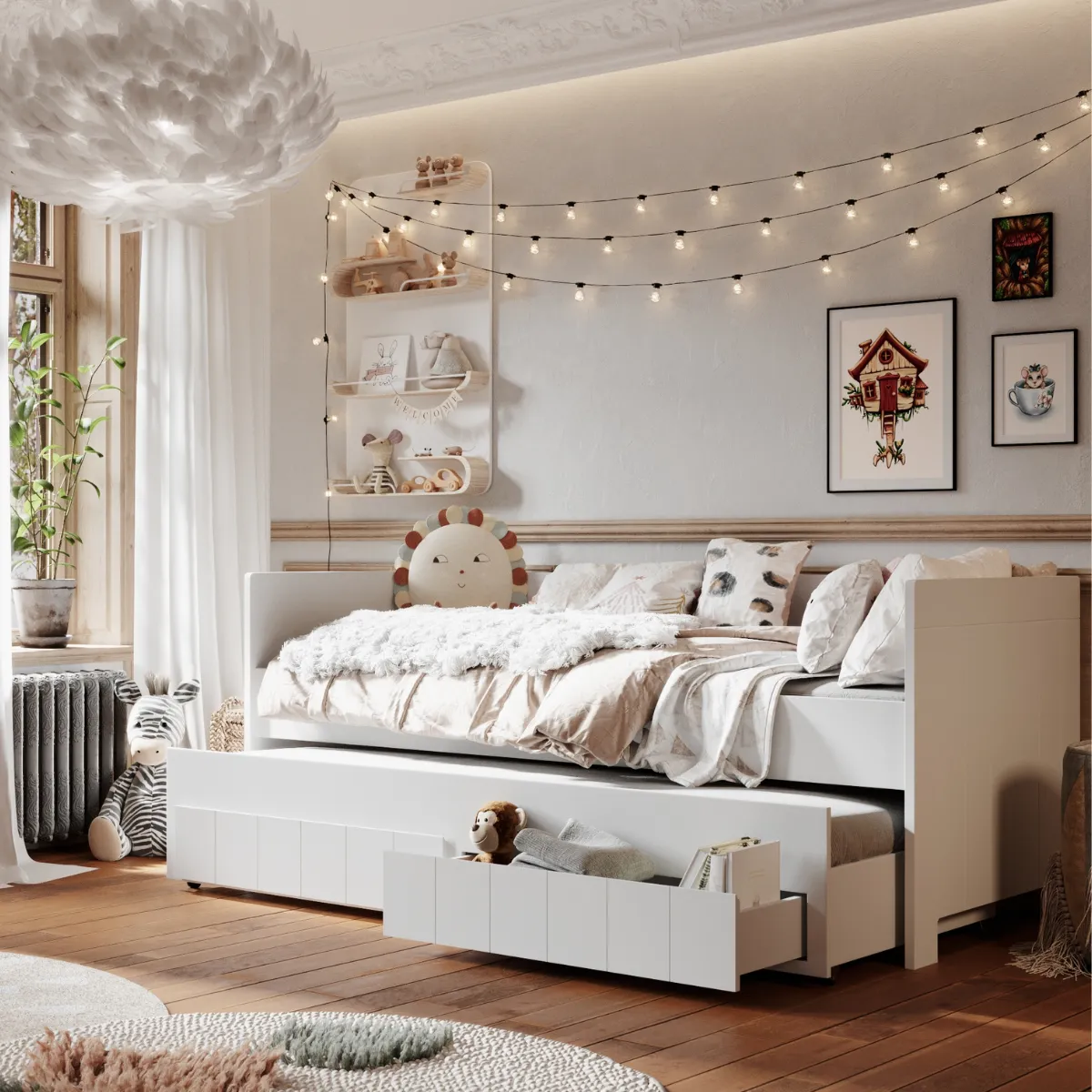 Łóżko z wysuwem Pinio Calmo białe 90x200 z funkcją drugiego spania i szufladami