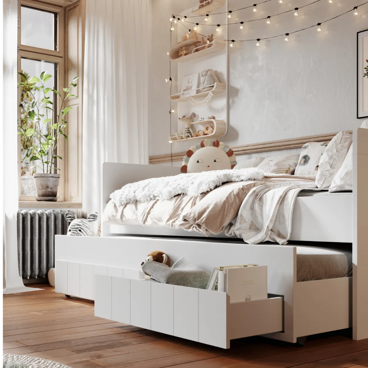 Łóżko Pinio Calmo białe z wysuwem i szufladami