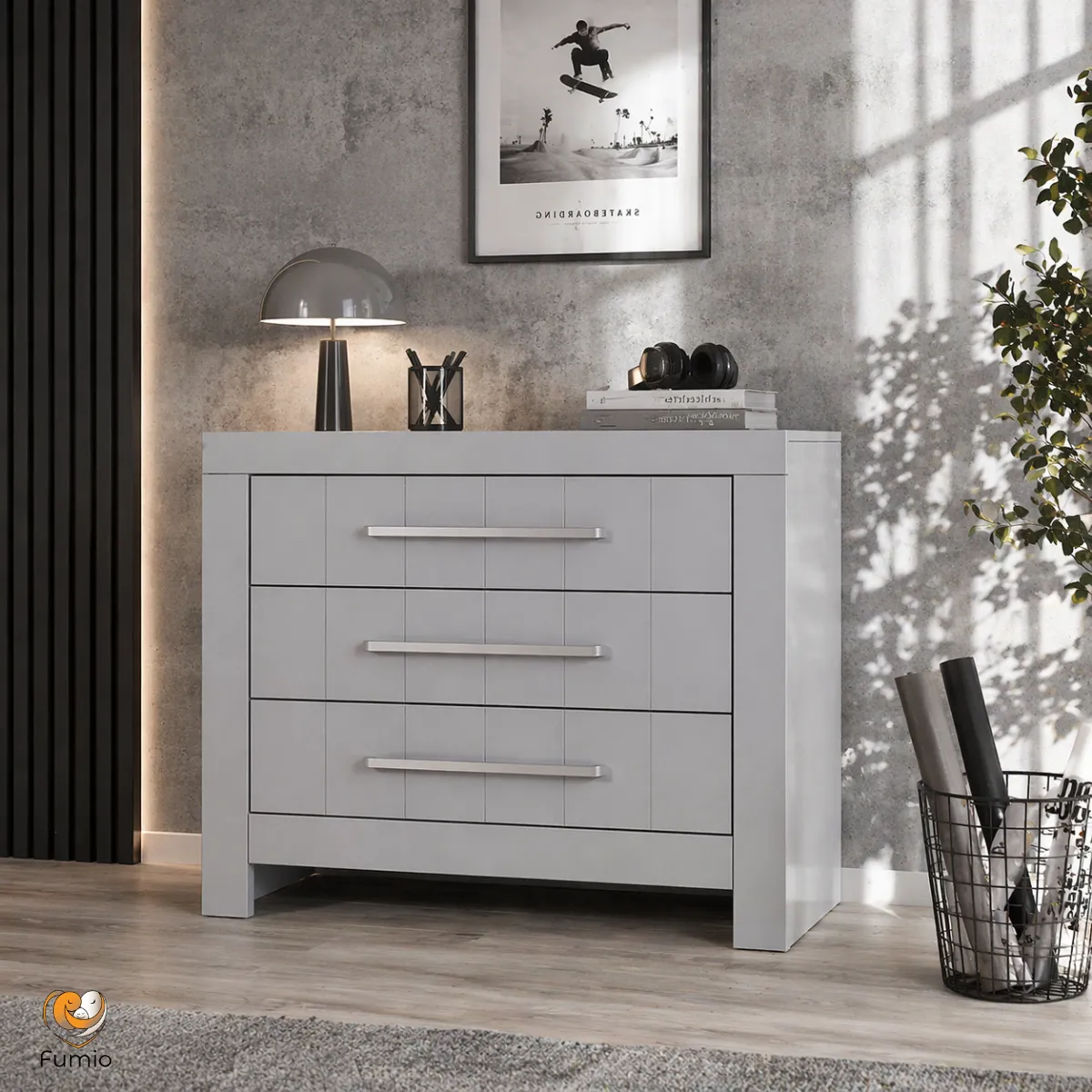 Komoda 3-szufladowa Pinio Calmo szara do pokoju dziecka i nastolatka