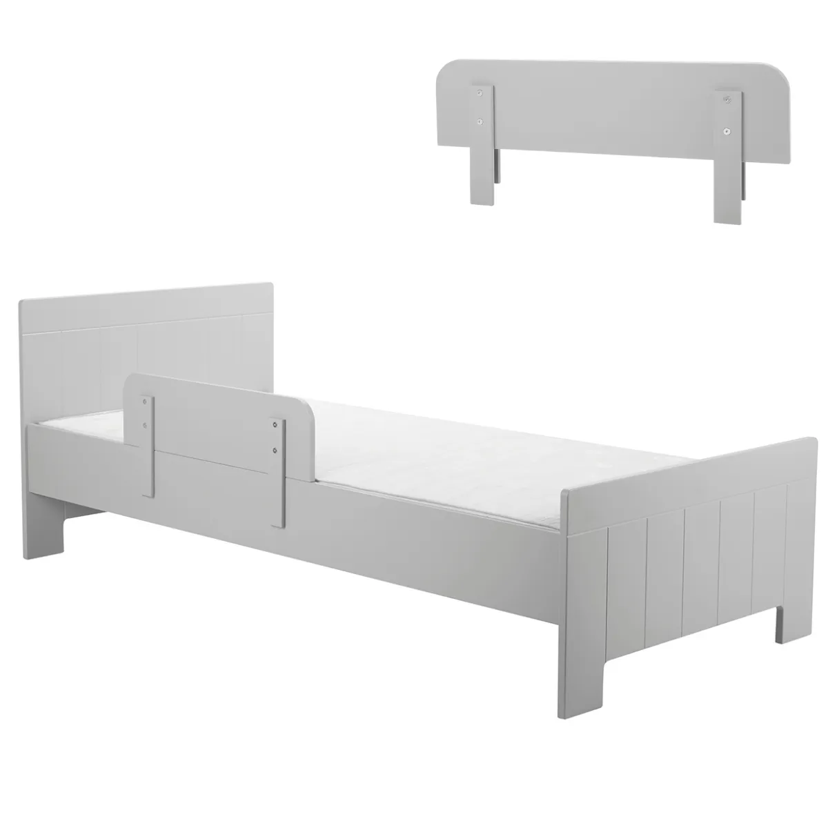 Łóżko Pinio Calmo szare z barierką w pokoju dziecka