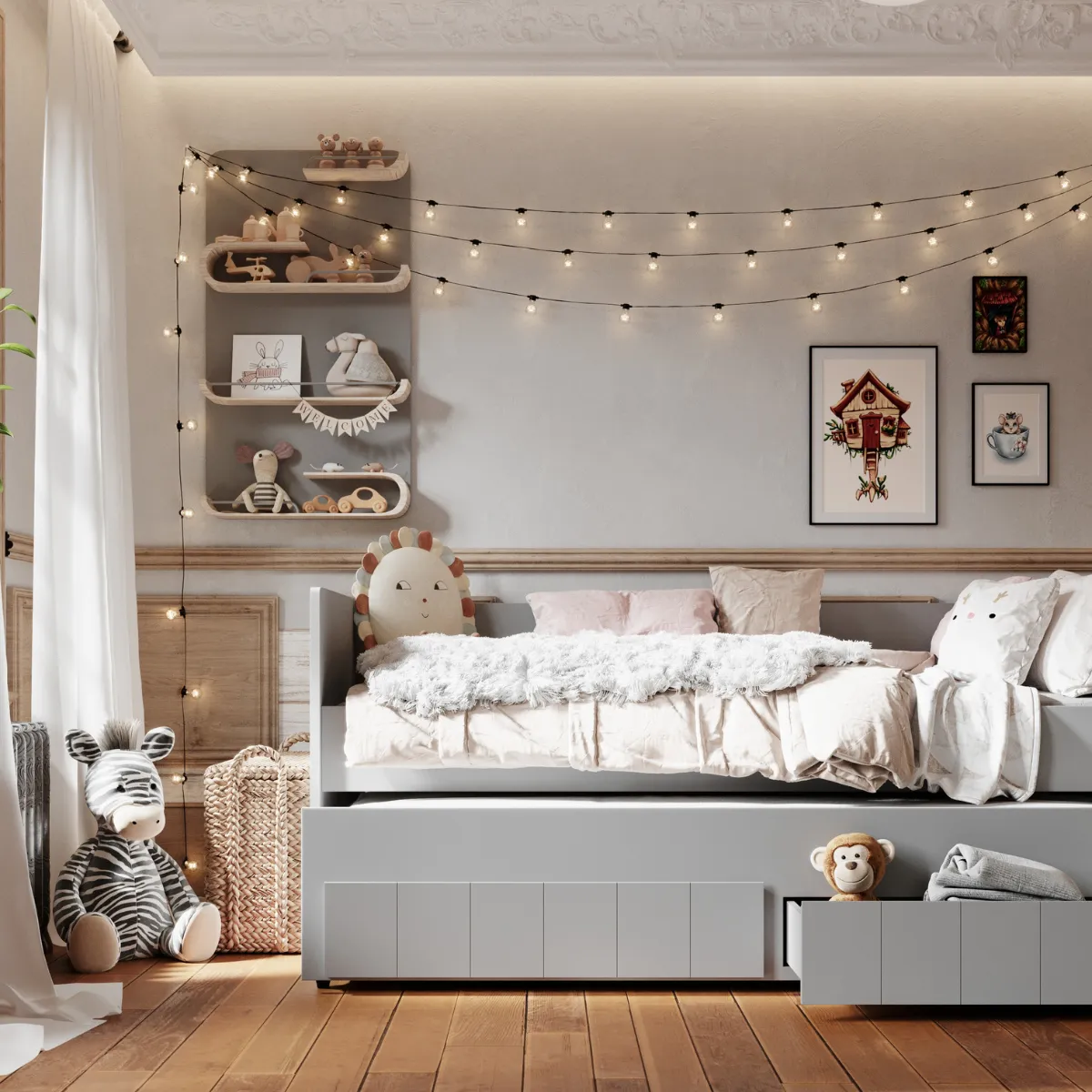 Łóżko Pinio Calmo szare z wysuwem i szufladami