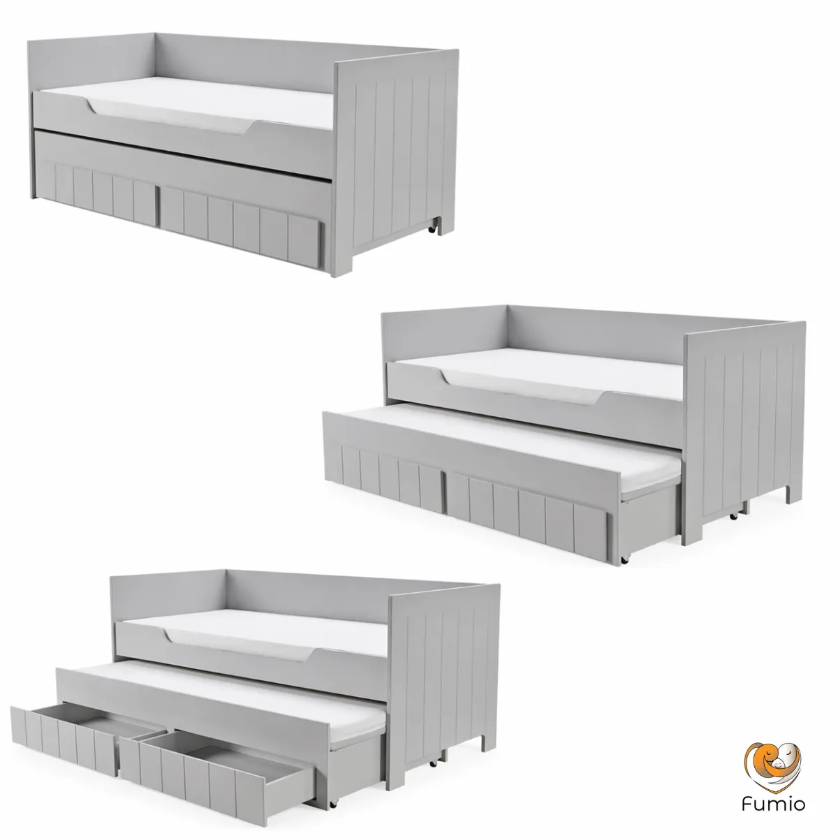 Szare łóżko z wysuwem Pinio Calmo w aranżacji pokoju dziecka