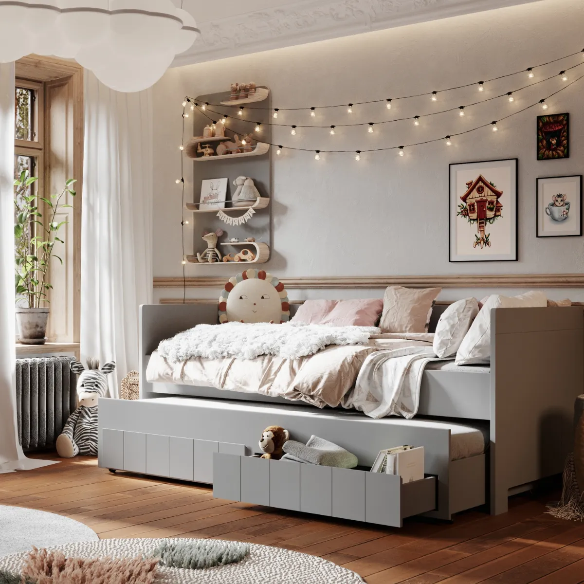 Łóżko z wysuwem Pinio Calmo szare 90x200 z funkcją drugiego spania i szufladami