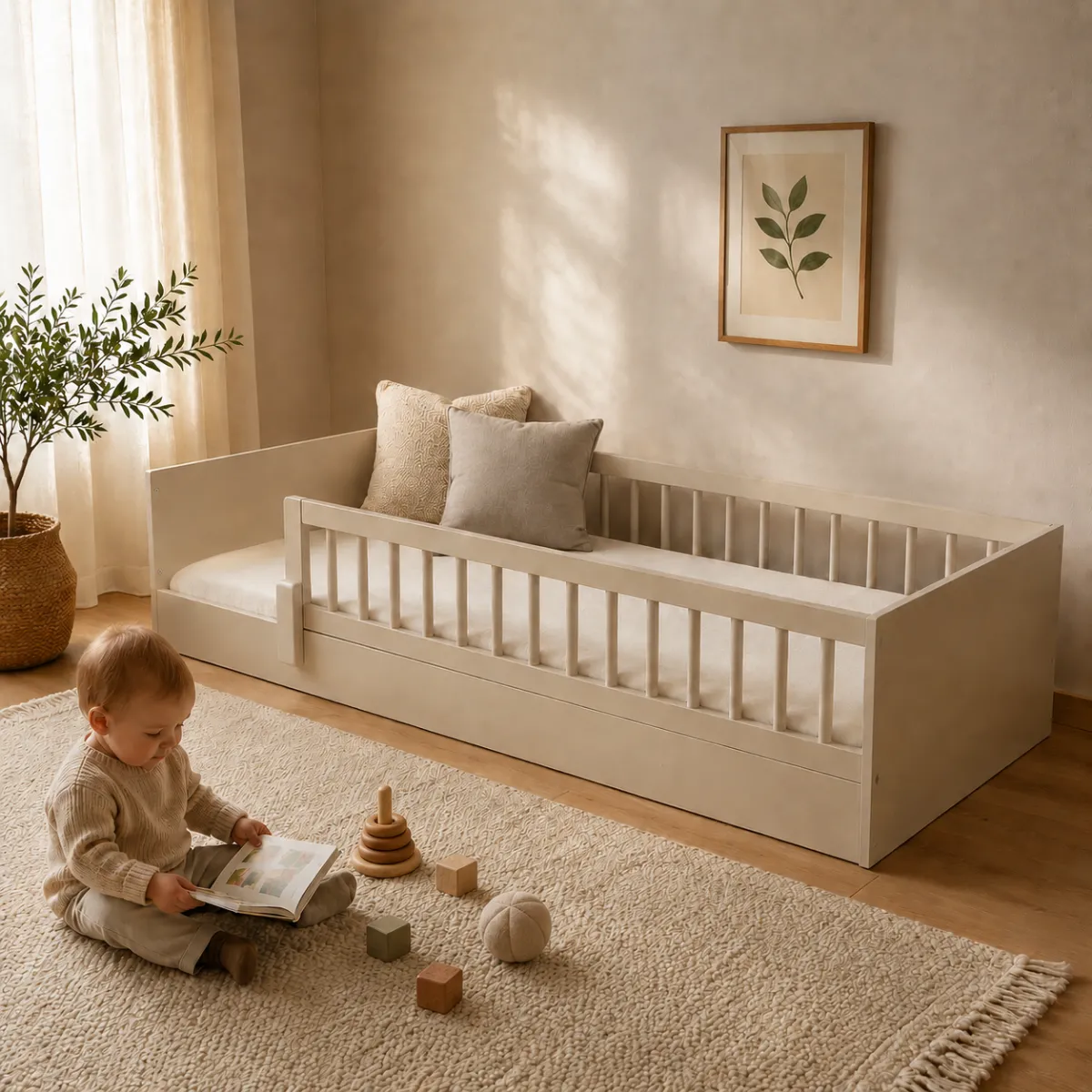 Szampańskie łóżko Montessori LUNO z barierką dla dziecka w rozmiarach 90×200, 120×200 i 140×200 cm
