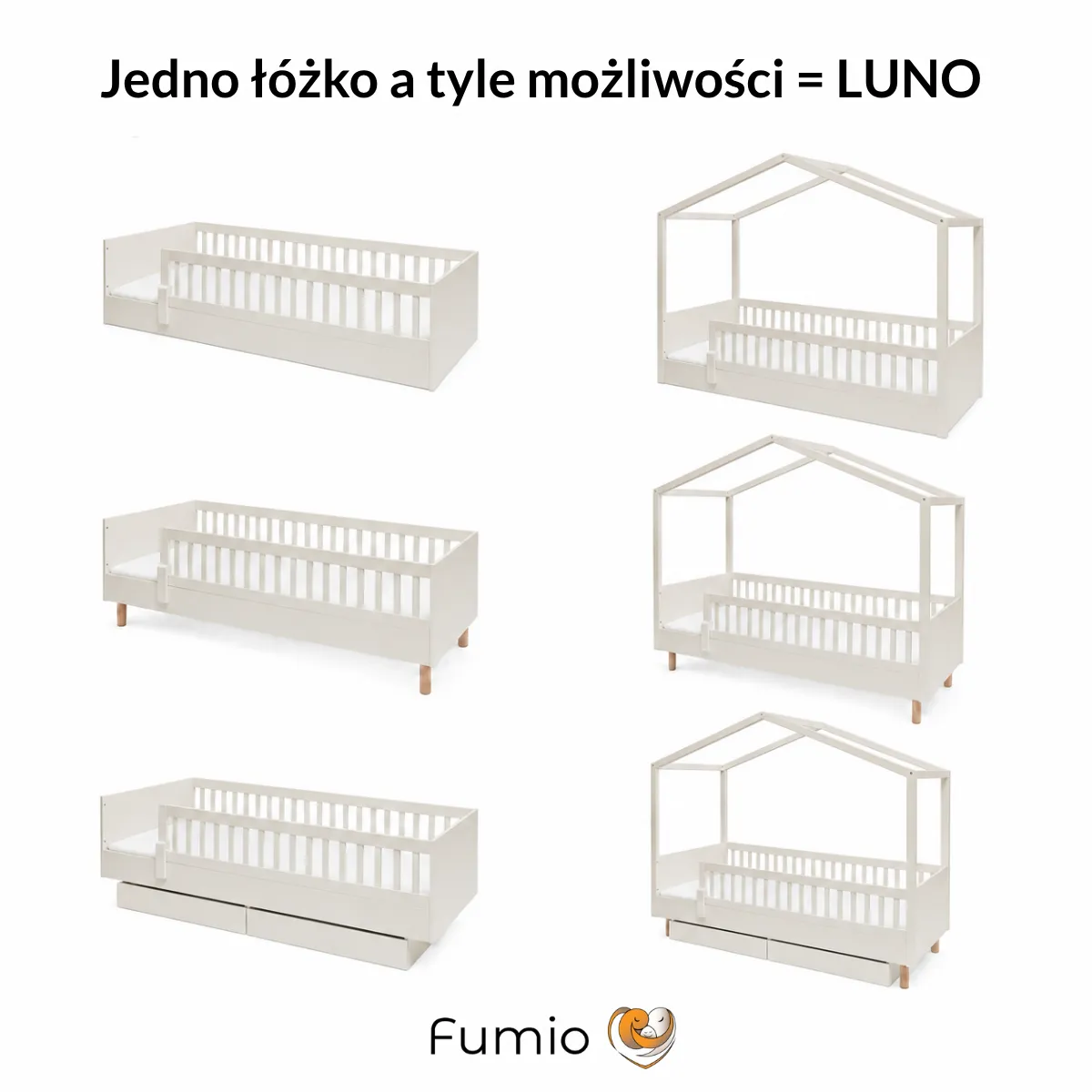 Możliwości rozbudowy szampańskiego łóżka Montessori LUNO w trzech rozmiarach