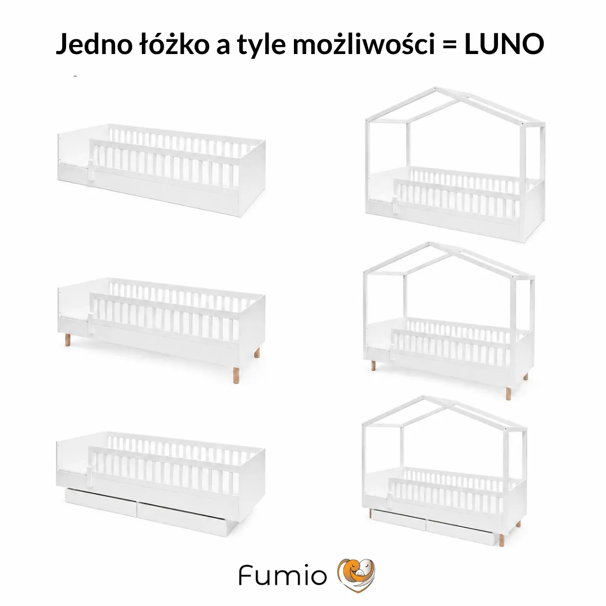 Możliwości rozbudowy białego łóżka Montessori LUNO w trzech rozmiarach