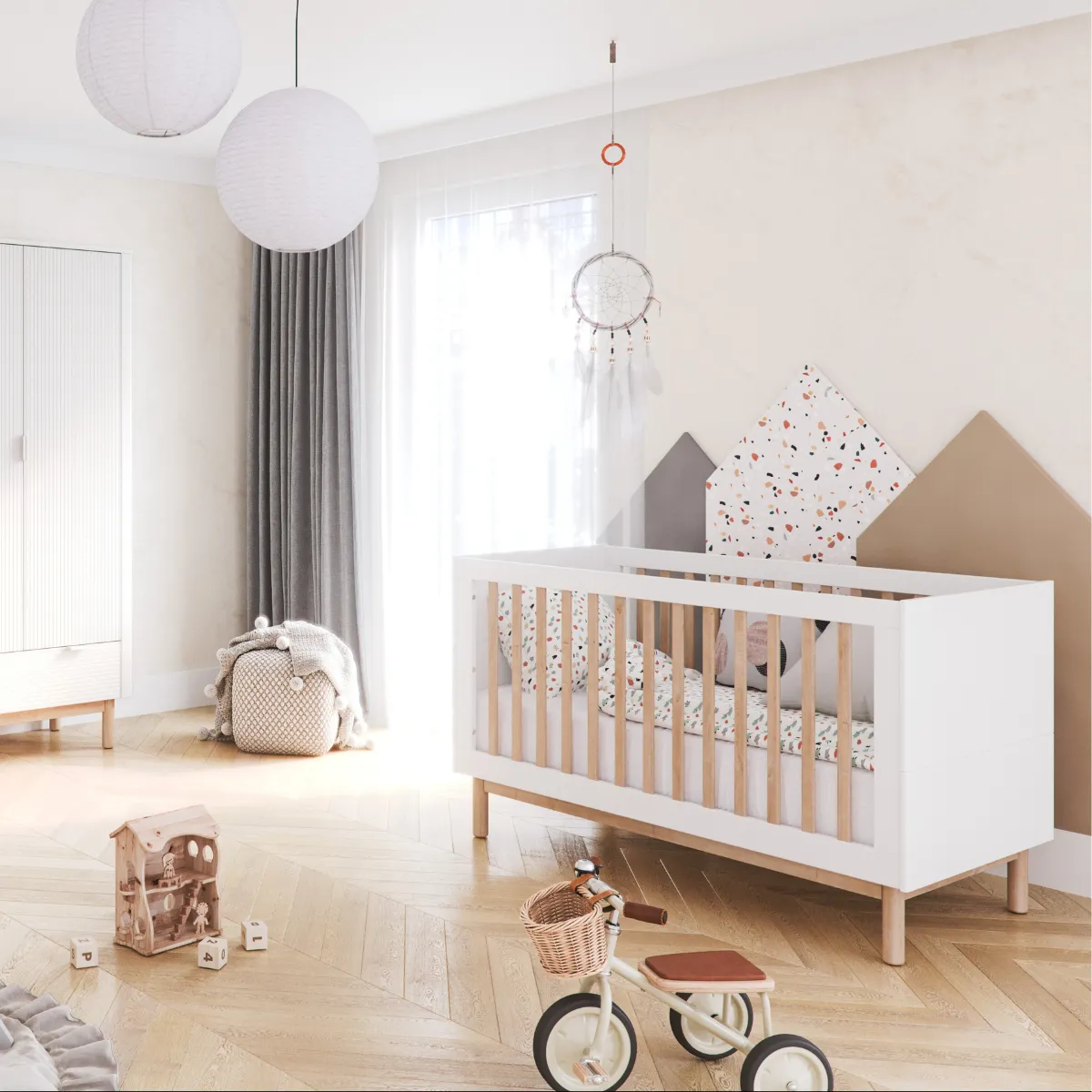 Łóżeczko PINIO MILOO białe w pokoju niemowlaka