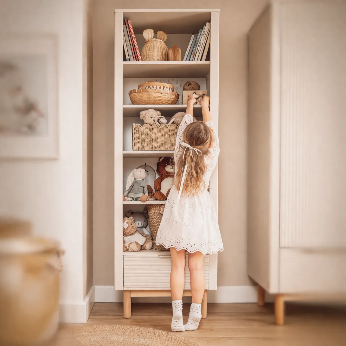 Regał wysoki PINIO MILOO szampański na książki i zabawki do pokoju dziecka