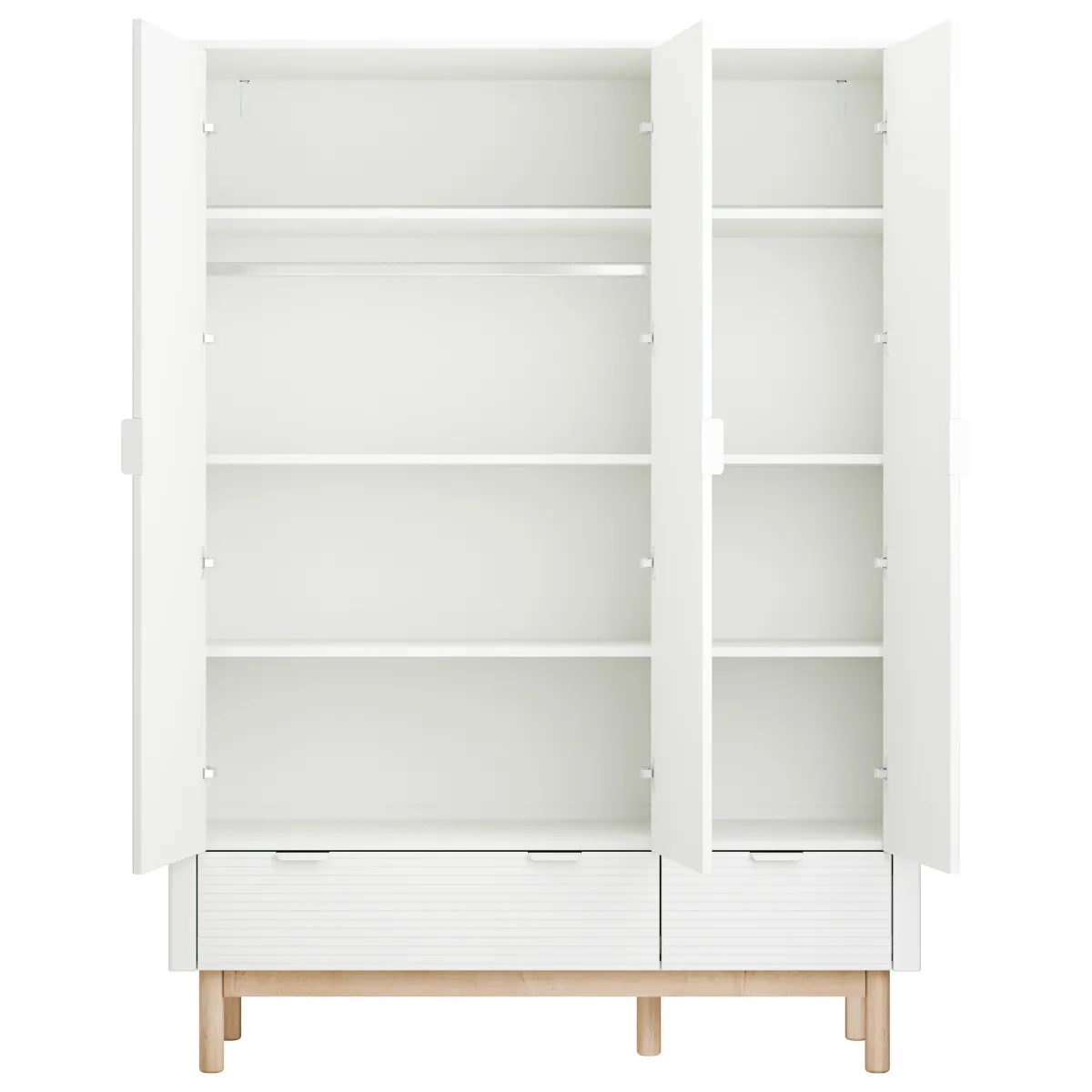 Wnętrze szafy 3-drzwiowej PINIO MILOO białej z półkami i drążkiem