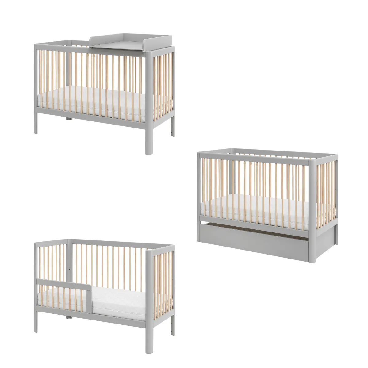 Szare łóżeczko niemowlęce Pinio Pure 120x60 z drewnianymi szczebelkami