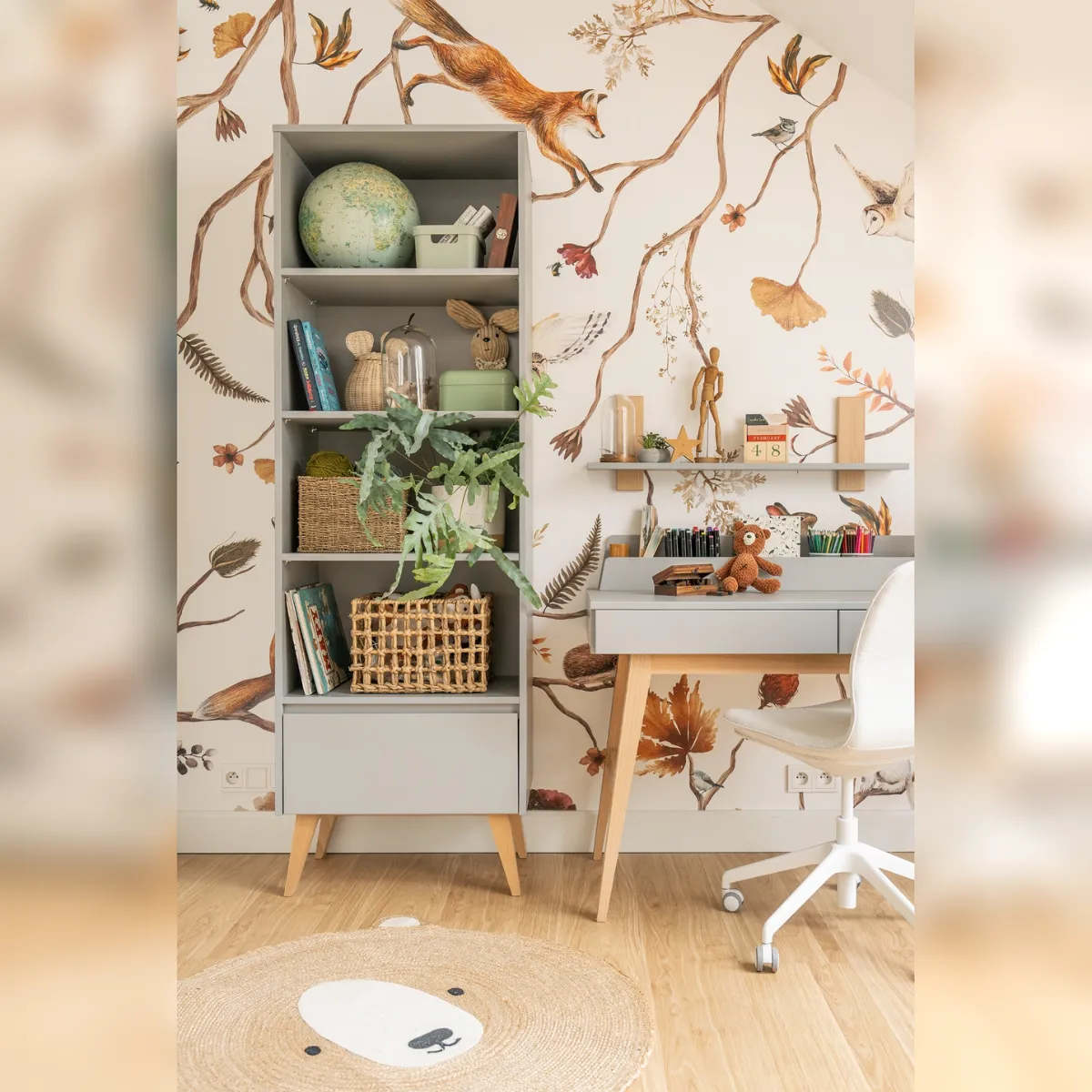 Regał dziecięcy szary PINIO SWING wysoki z półkami i szufladą do pokoju dziecka