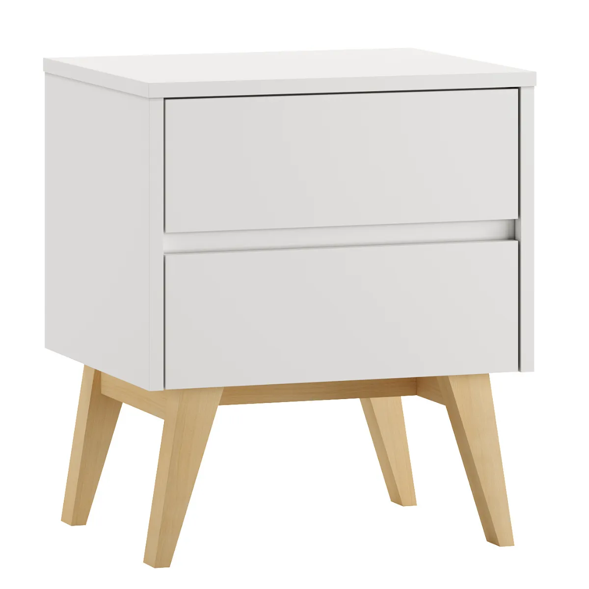 detal białej szafki nocnej SWING z drewnianymi nóżkami