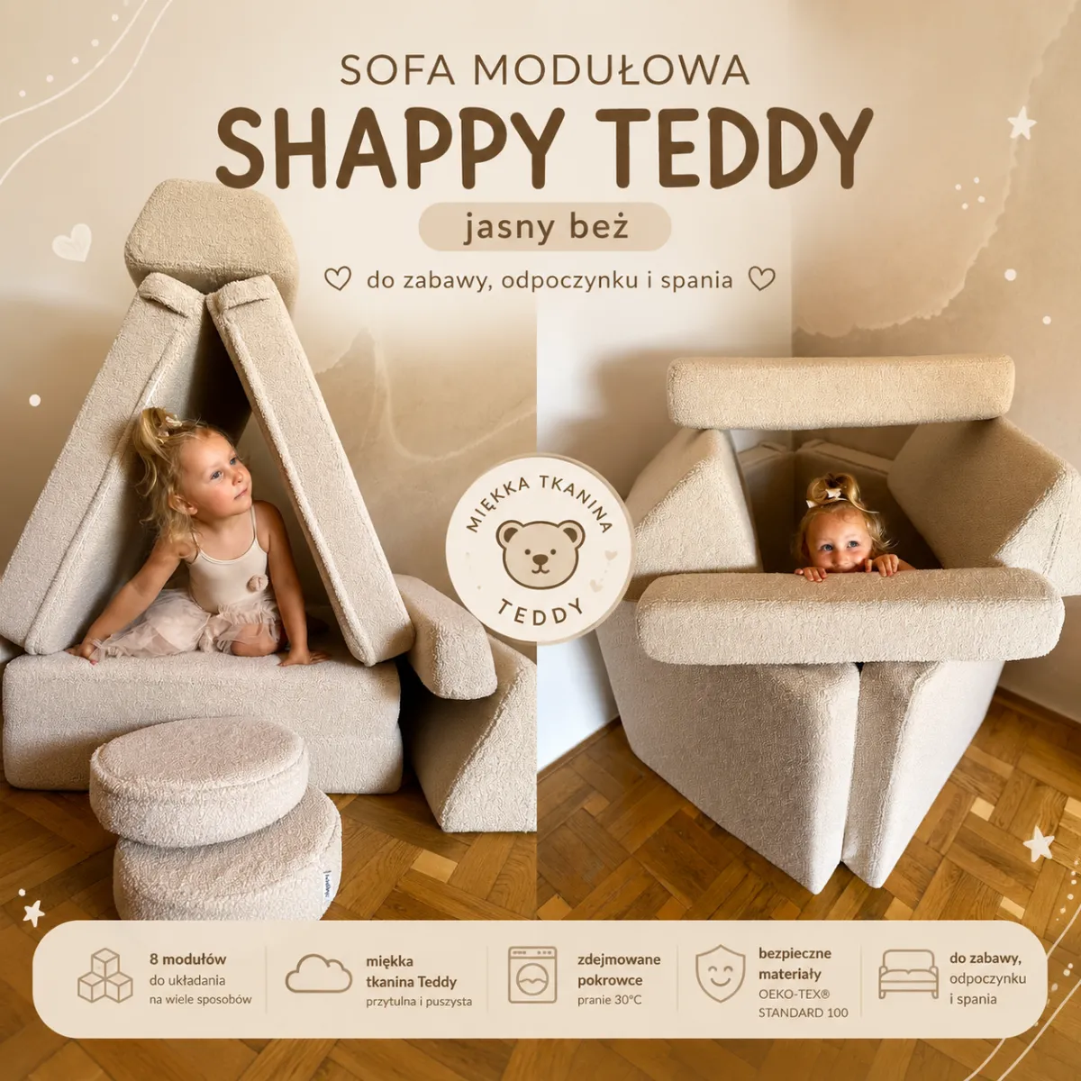 Sofa SHAPPY Teddy jasny beż do pokoju dziecka