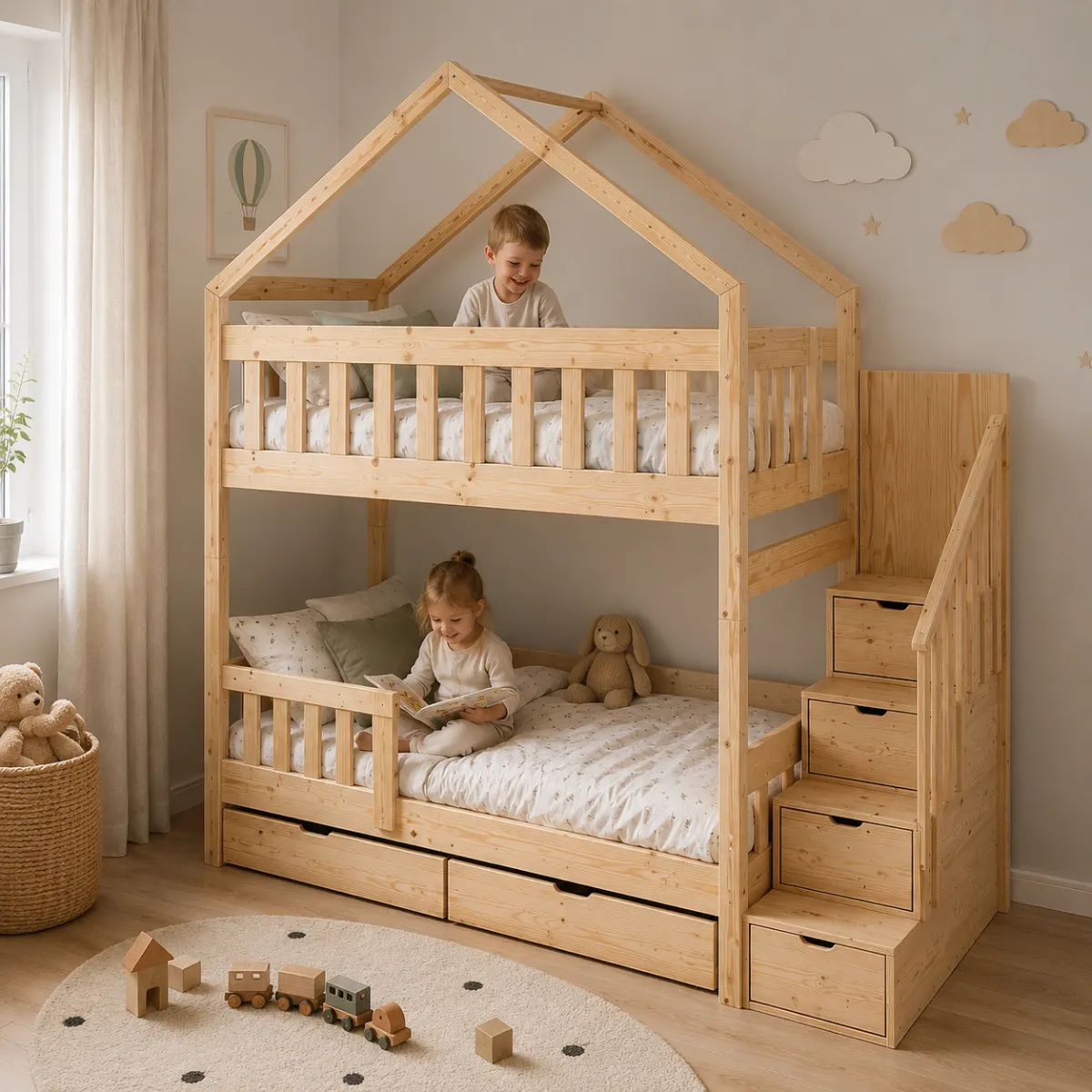 Łóżko piętrowe MAGNUM HOUSE ze schodami w pokoju dziecięcym