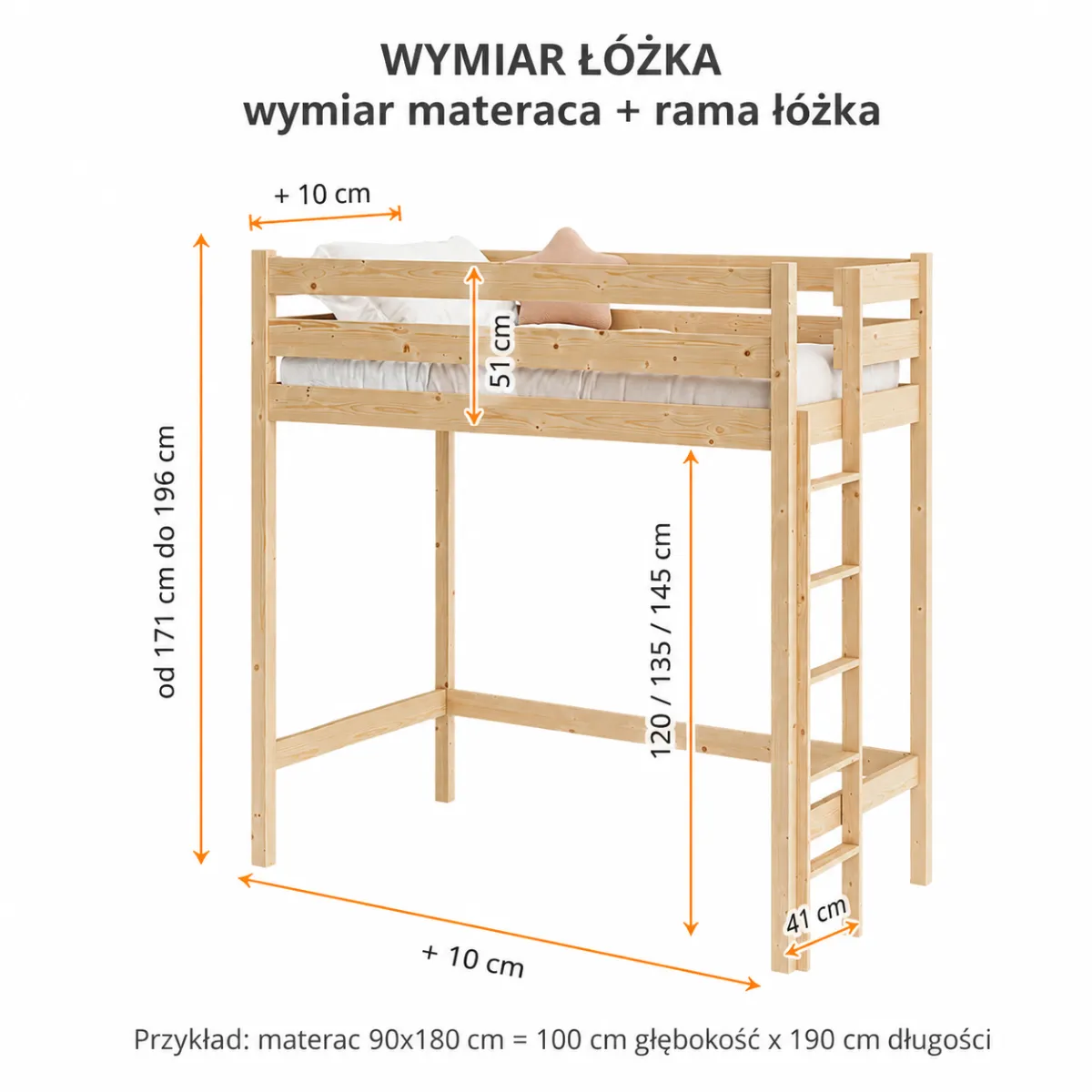 Łóżko antresola MING z drabinką na krótkim boku – wymiary i konstrukcja z litego drewna