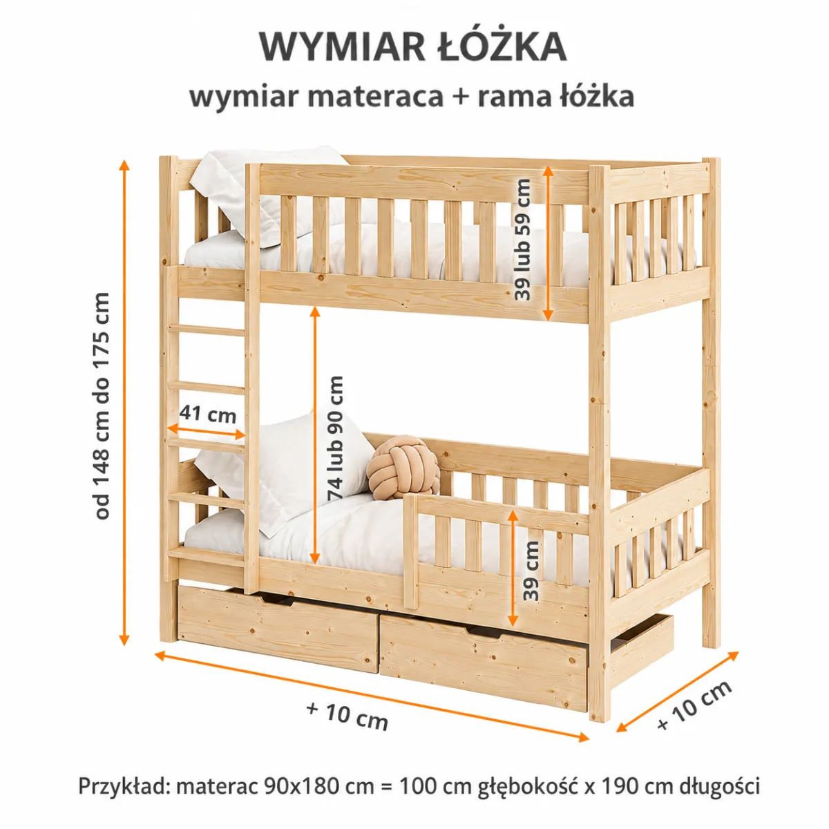 Łóżko piętrowe STRONG – wymiary i konstrukcja z litego drewna