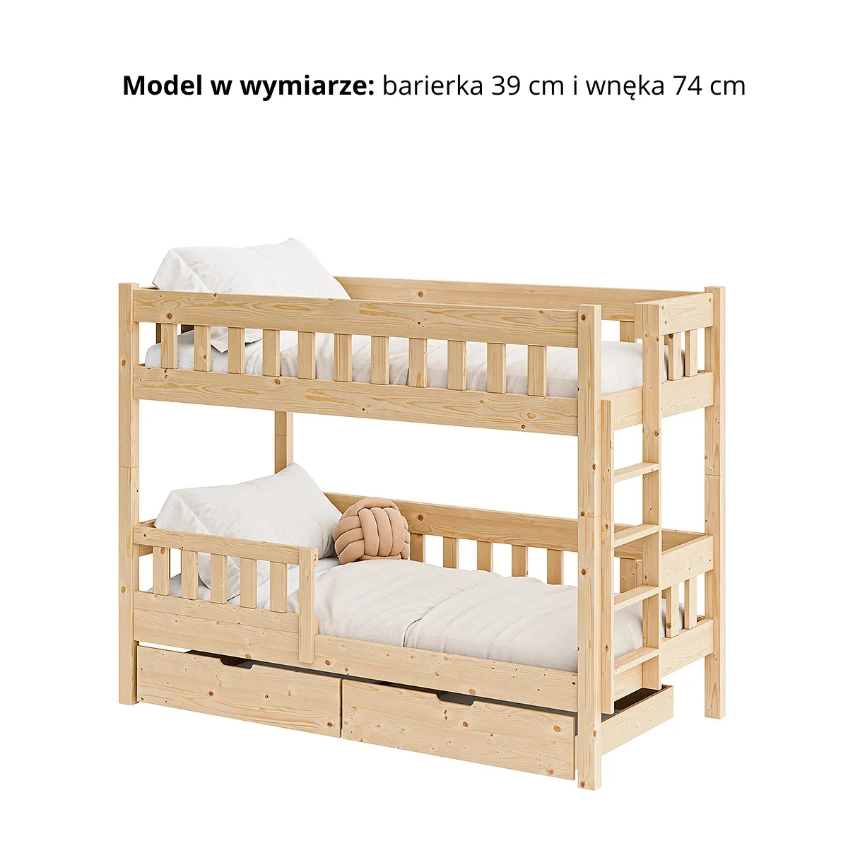 Łóżko piętrowe STRONG z drabinką z boku, barierką 39 cm i prześwitem 79 cm