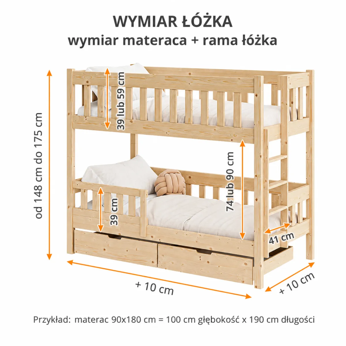 Łóżko piętrowe STRONG z drabinką z boku – wymiary i konstrukcja z litego drewna