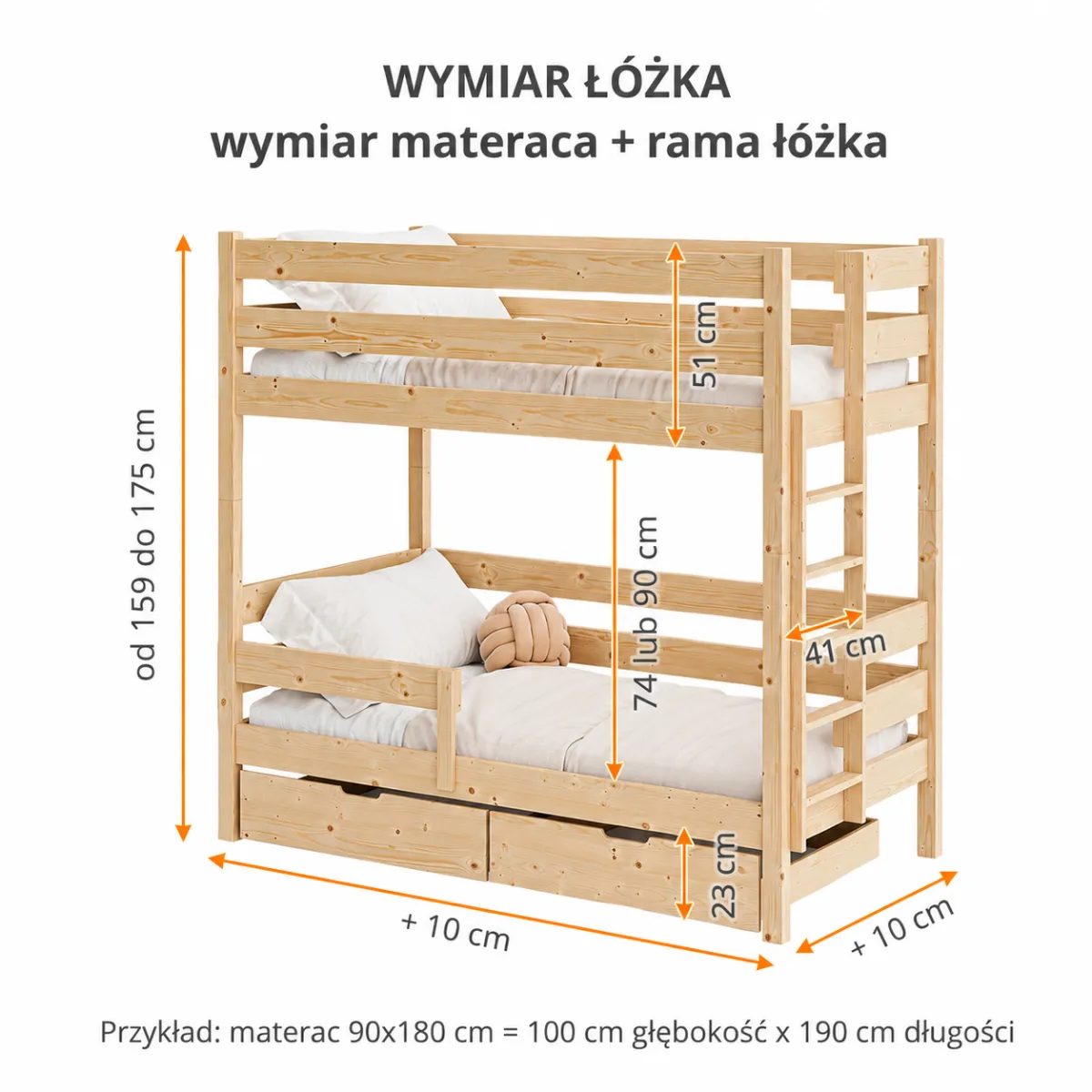 Łóżko piętrowe TITAN z drabinką z boku – wymiary i konstrukcja z litego drewna
