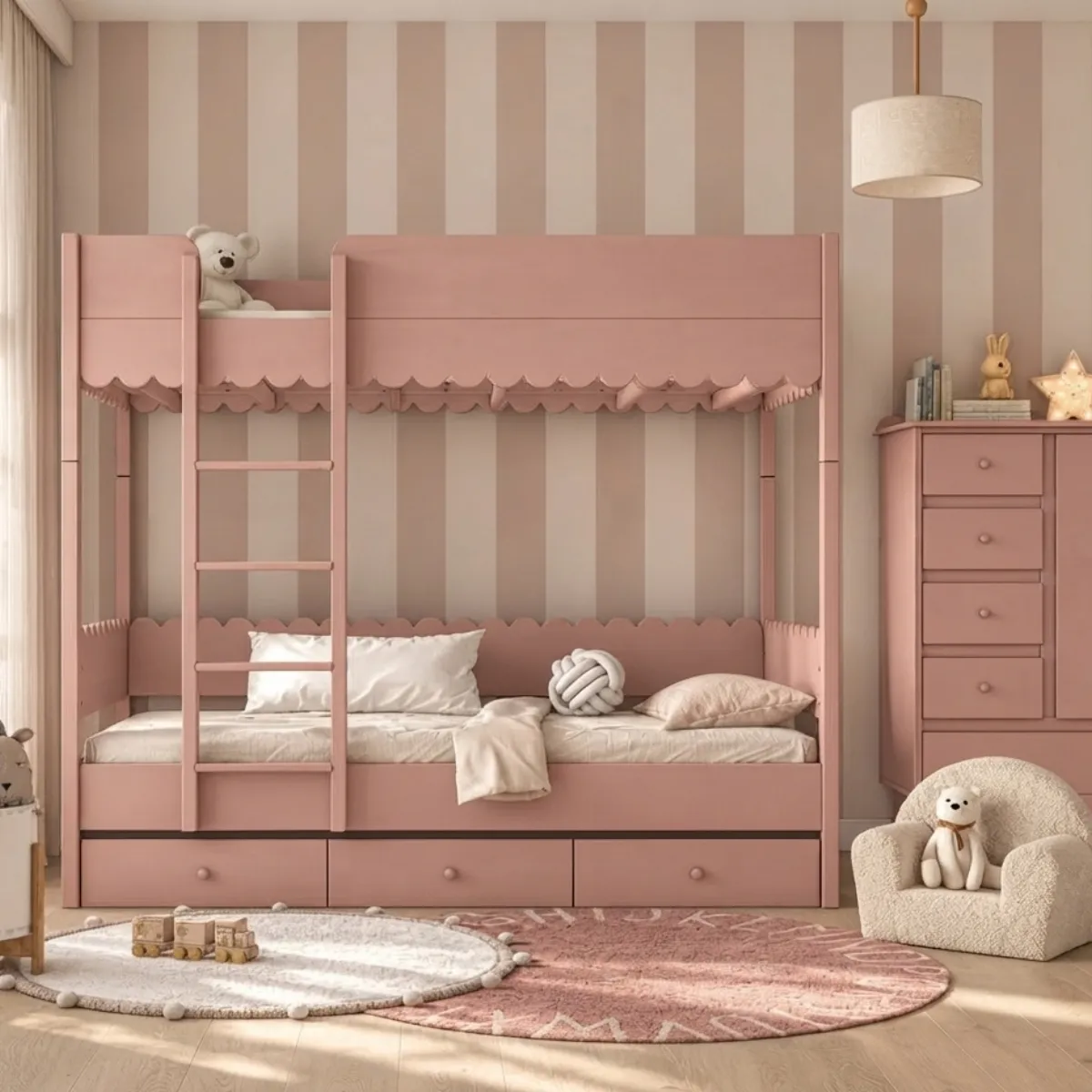 Łóżko piętrowe WOOD LUCK Babushka różowe do pokoju dziewczynek