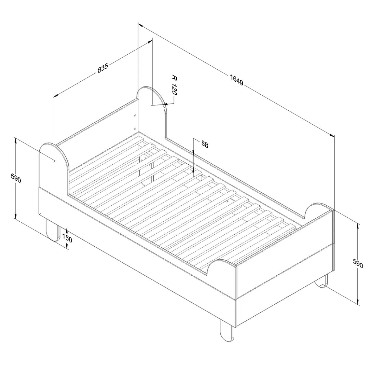 Wymiary truflowego łóżka BASIC WOOD LUCK 165 x 84 x 71 cm pod materac 80 x 160 cm